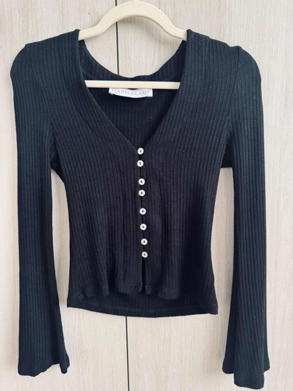 Black Ribbed Long-Sleeve Button-Front Top Bell sleeves Marmalade Sz s